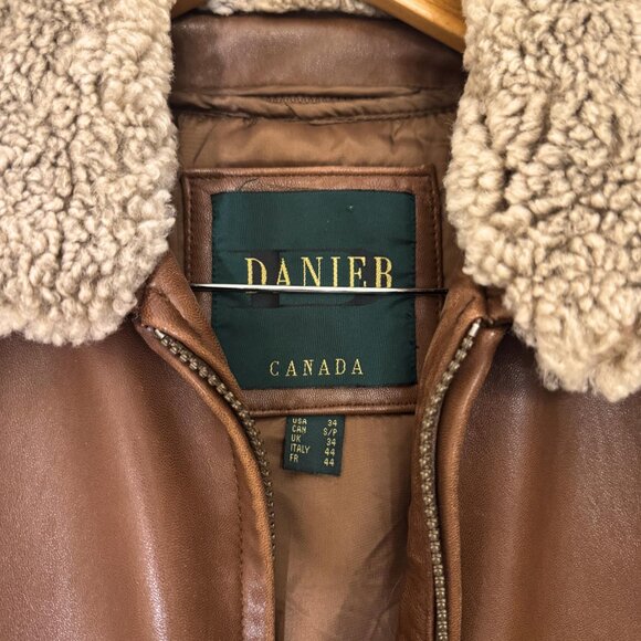 Vintage Danier Leather Bomber Jacket — 90s Brown Aviator Coat, Shearling Collar - Picture 6 of 12